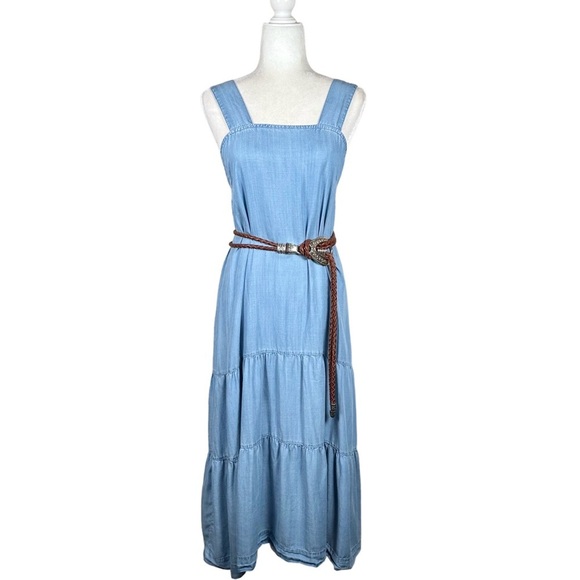 SAKS FIFTH AVENUE Sleeveless Tiered Square Neck Chambray Maxi Dress - Picture 1 of 11